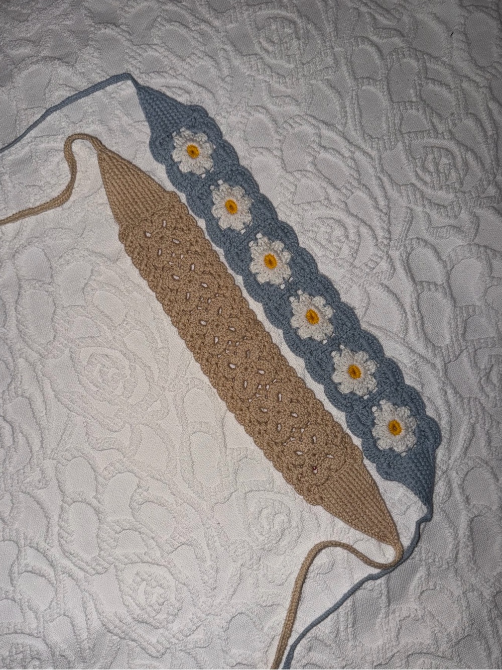 Retro Crochet Daisy and Solid Headband in Blue and Tan